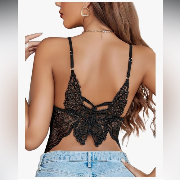 Avidlove Tank Top Lace Crop Butterfly Bustier Adjustable Spaghetti Straps Black - Picture 3 of 9